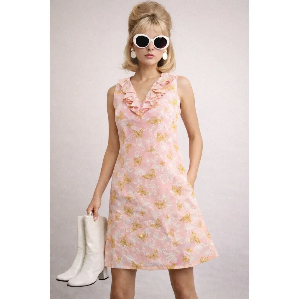 Vintage‎ Mr. Winn Dress 1960 Pink Butterfly Ruffle Collar V Neck Small GUC